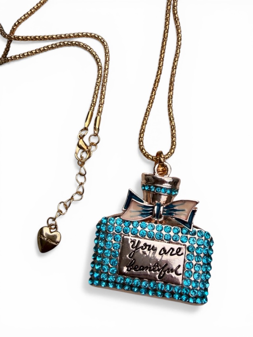 Betsey Johnson Perfume Bottle Pendant Necklace You Are Beautiful Aqua Crystals - Picture 3 of 8